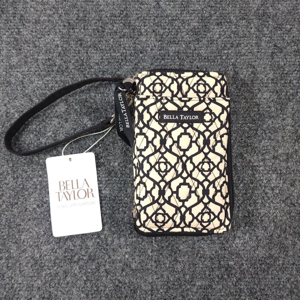 Bella Taylor Quilted Wristlet Wallet Black Beige Pattern. Phone Holder